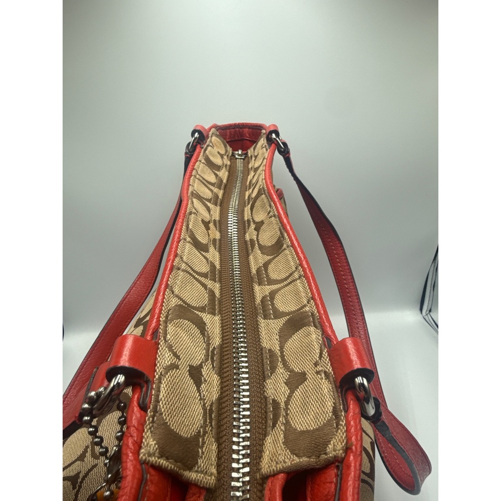 Coach Taylor Signature Tote Khaki Red Leather Trim Shoulder Bag F23295 - Picture 6 of 8